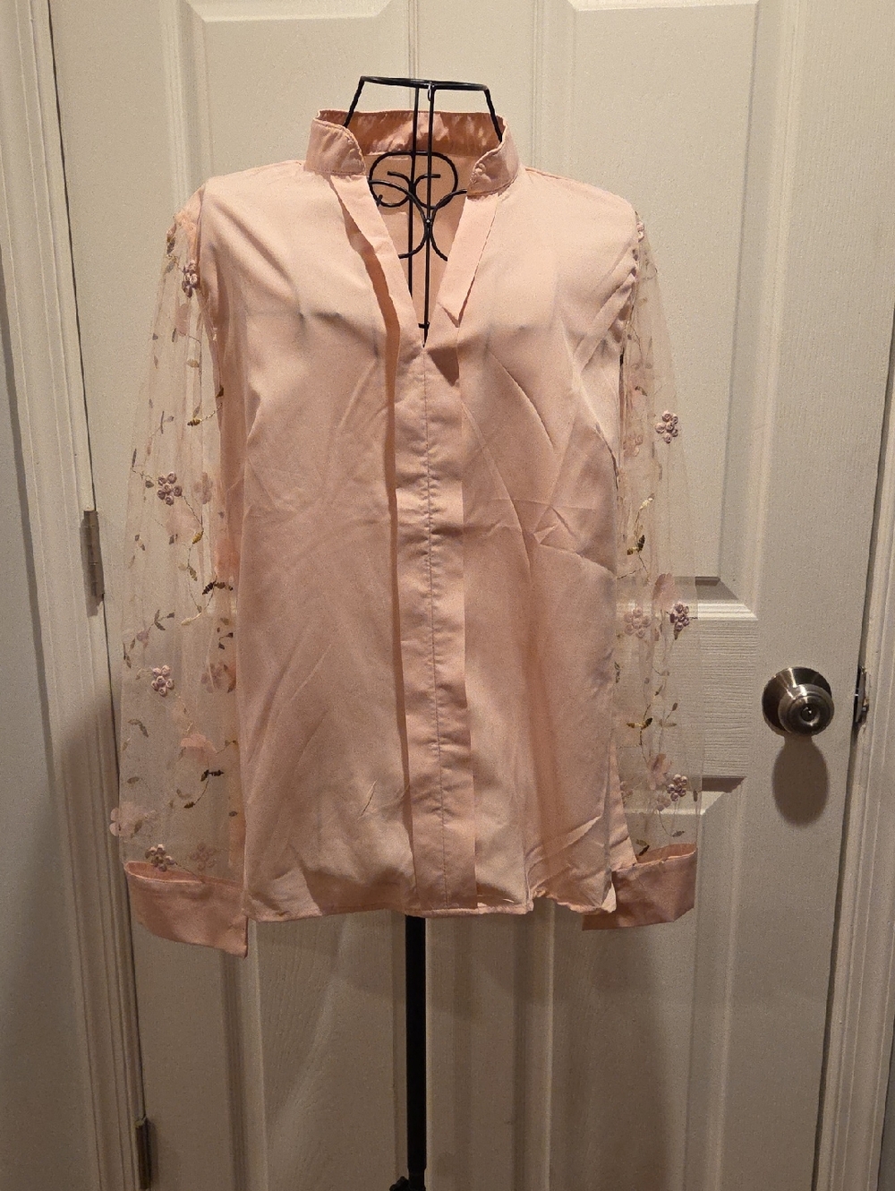 SHEIN Blush Pink Embroidered Sheer Sleeve Button-Front Blouse